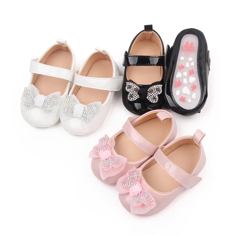 Newborn Girl Princess PU Toddler Shoes Bow Decor Rubber Sole Anti-Slip First Walker Shoes