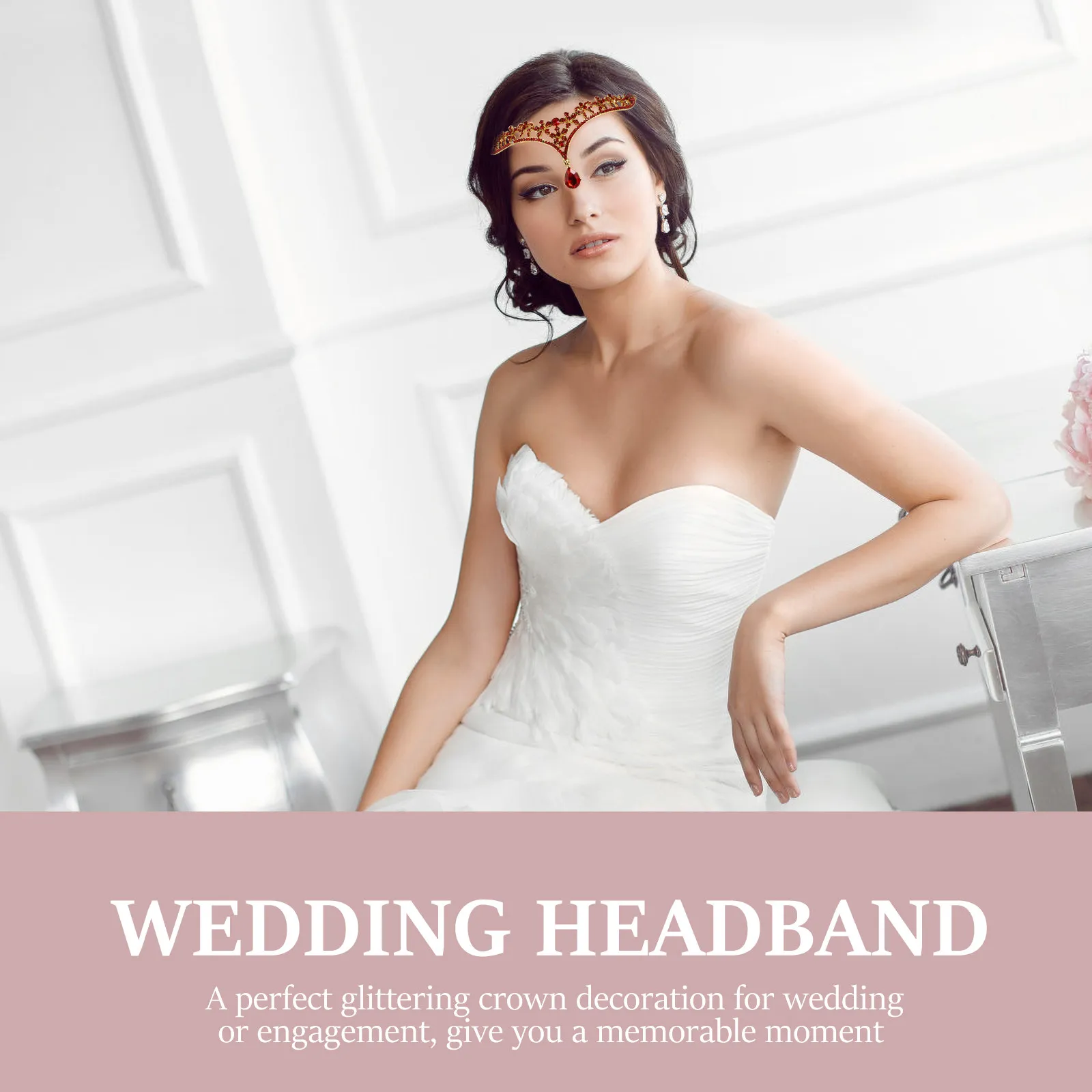 Bridal Frontlet Wedding Headpiece Crystal Rhinestone Charm Pendant Band Dangle Forehead Chain Red Elegant Sparkling Jewelry