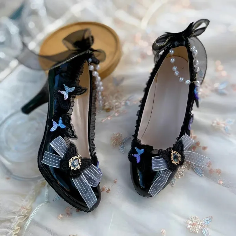 オリジナルロリータ靴手作りハイヒール甘いエレガントな多用途ロリボウティーパーティーライト高級 WomenShoes 結婚式の靴の花嫁