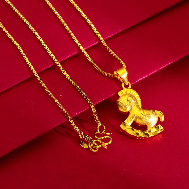 Blessing Gift Pony Pendant With Necklace For Women 24K Gold AU999, Success Wishes Commemorative Women Present