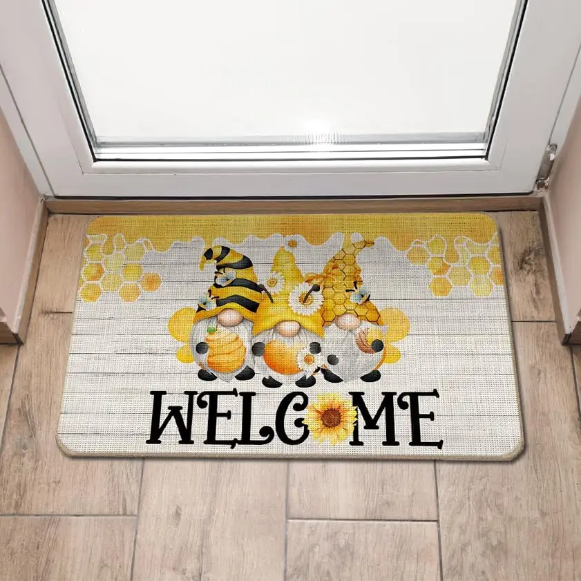VIKAMA Gnome Sunflower Welcome Door Mat Spring Summer Yellow Floral Doormat for Front Door Porch Outdoor Indoor Entrance Decor