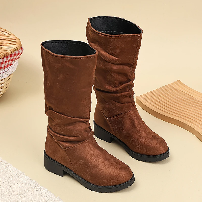 Fashion Kids Girls Ruched Boots 2026 New Autumn Toddler Suede Mid-Calf Boots Slip-On Classic Princess Party Wedding Daily Wear