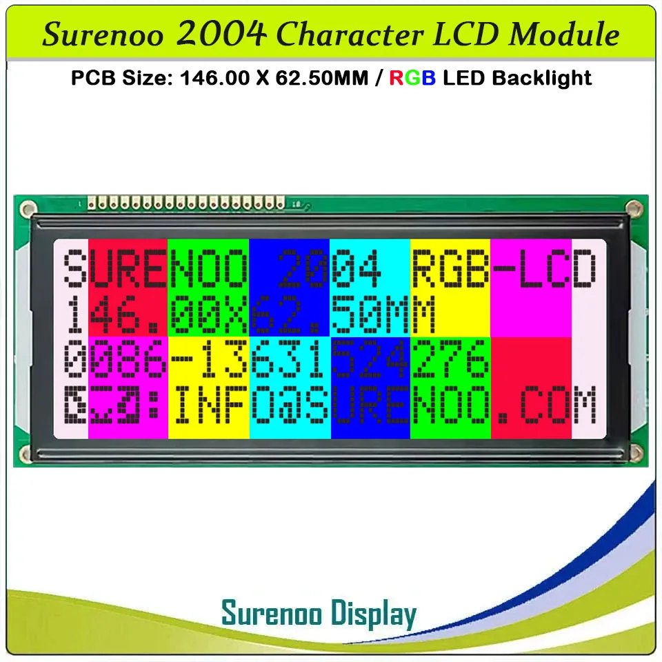 Surenoo 146.0X62.5MM 204 20X4 2004 FSTN Módulo LCD de caracteres positivos Pantalla LCM Panel con retroiluminación LED RGB