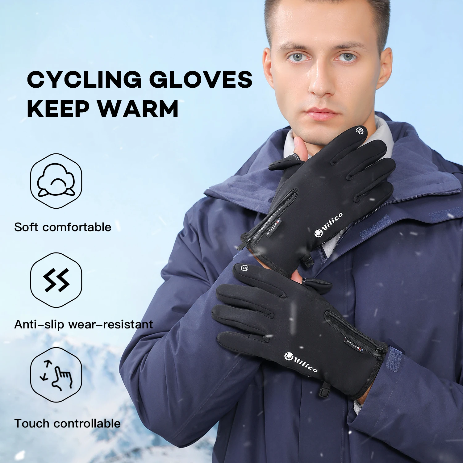 Men Women Windproof Warm Cycling Gloves Touch Screen Zipper Design Full Finger Non-slip Gloves for Outdoor Driving Hiking