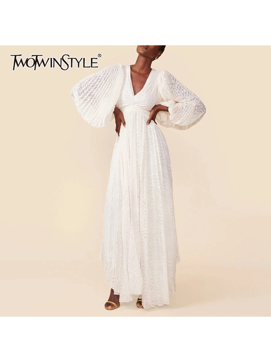 

TWOTWINSTYLE Solid Spliced Folds Dresses for Women V Neck Long Sleeve High Waist Temperament Dress Female Fashion