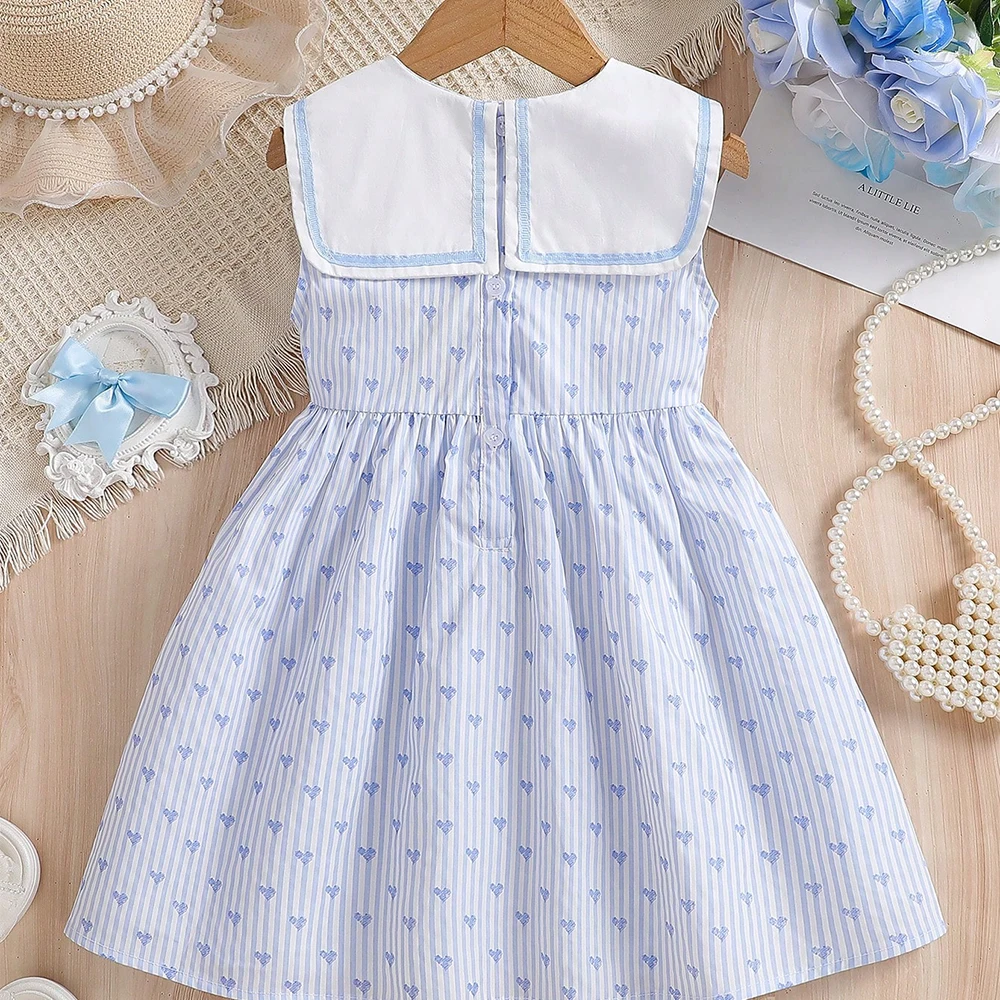 Kleid für kleine Mädchen, 2–6 Jahre, ärmellos, gestreift, mit Herz-Print, 100 % Baumwolle, weißer Kragen, Schleifenakzent, Sommer-Outfits für Kinder – Detail 3