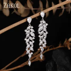 ZAKOL Wedding Bridal Dangle Earrings Luxury Leaf Cubic Zirconia Fashion Design Women’s Earrings Aesthetic Jewelry