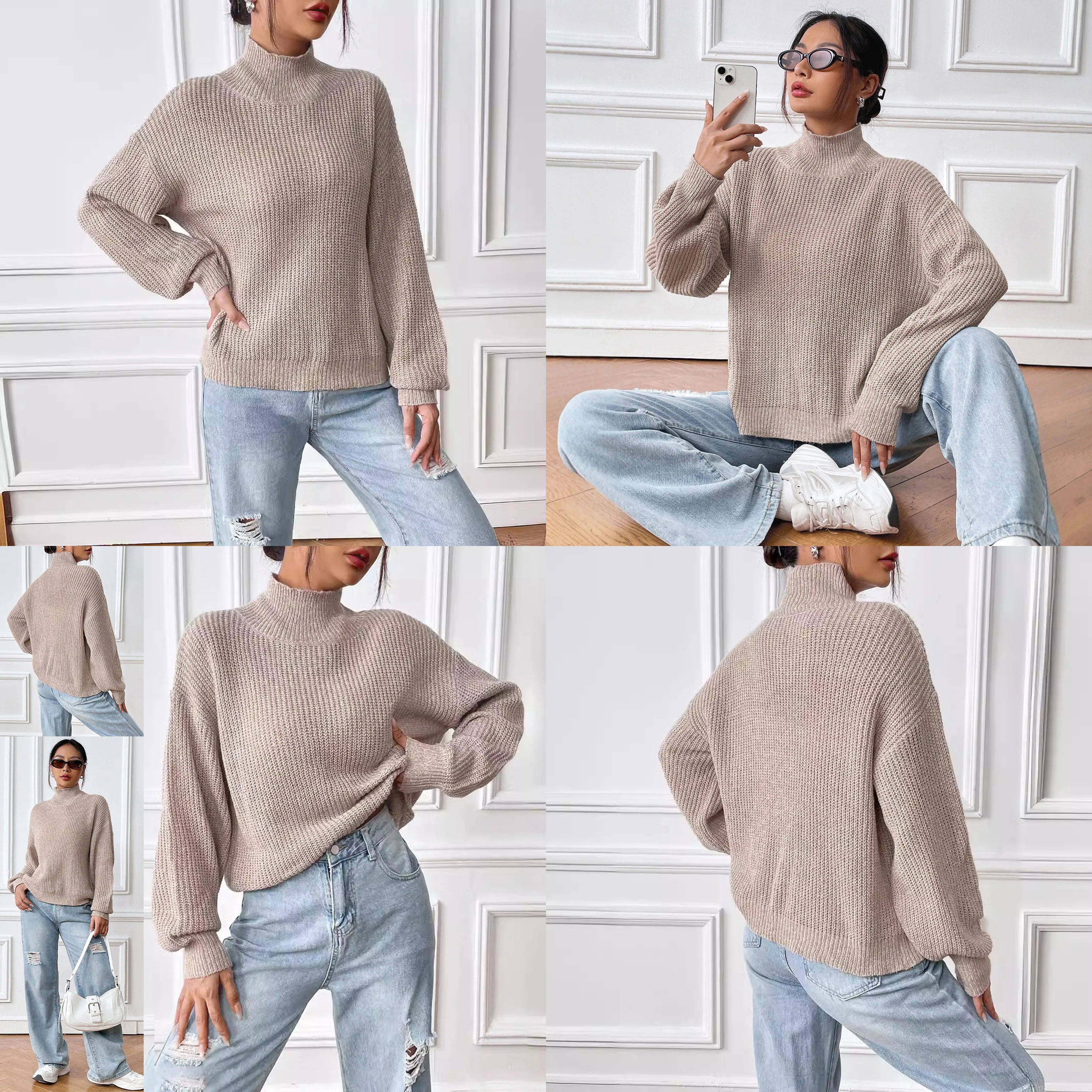 Women Turtleneck Sweater Knit Pullover Top Blouse Spring Summer Casual Slim Fit Tops Tees Pullovers