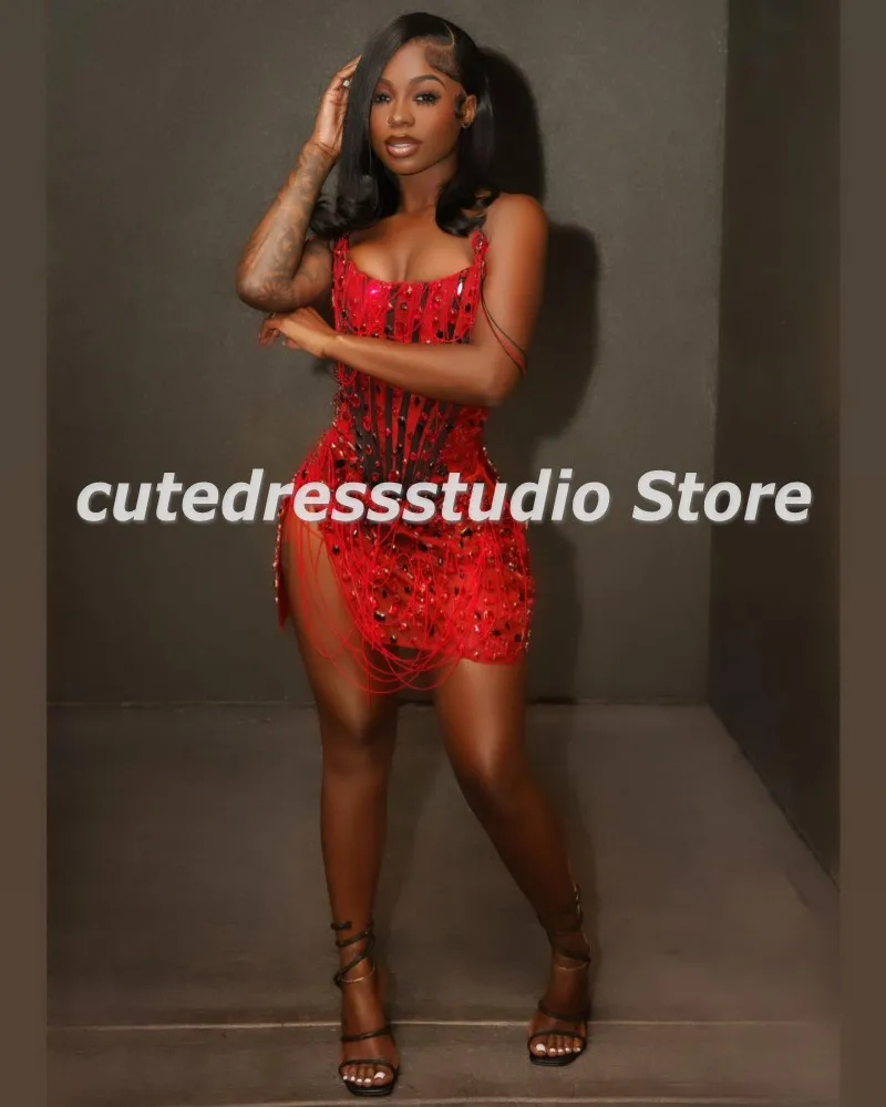 Custon Made Red Birthday Dresses For Women 2024 Strapless Crystal Tassel Short Prom Gowns Sexy Black Girls Cocktail Dress