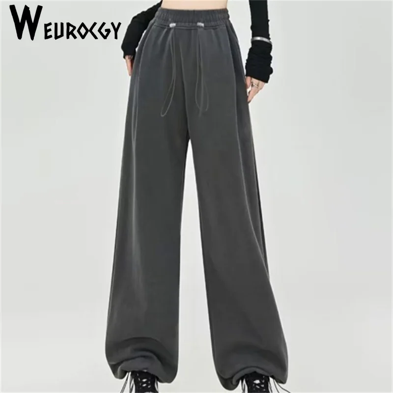 

2024 Autumn Winter New Women Elastic High Waist Wide Leg Slacks Lady Baggy Soft Sweatpants Straight Leg Outside Sport Trousers