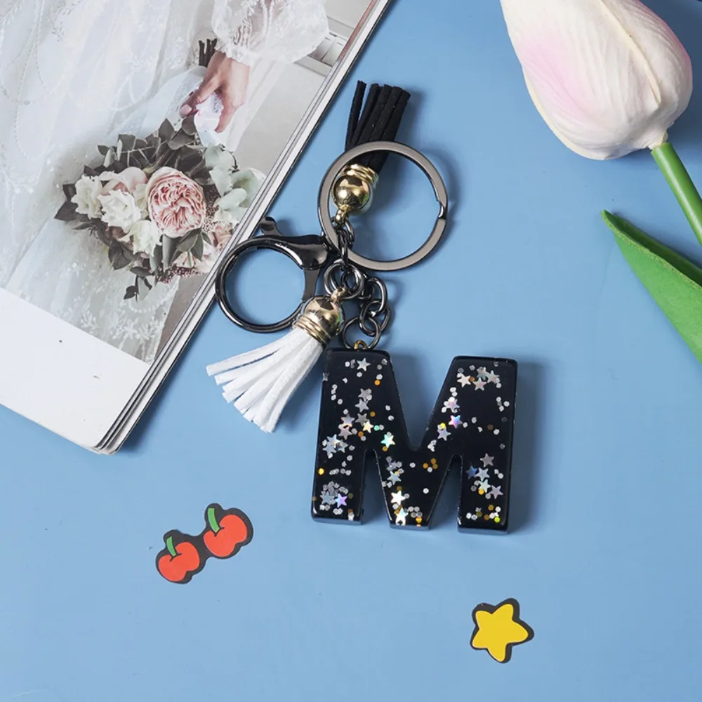 Letter a To Z 26 Letter Keychain Exquisite Black English Alphabet Bag Pendant Fashion Tassel Alphabet Initials Glitter Keyring