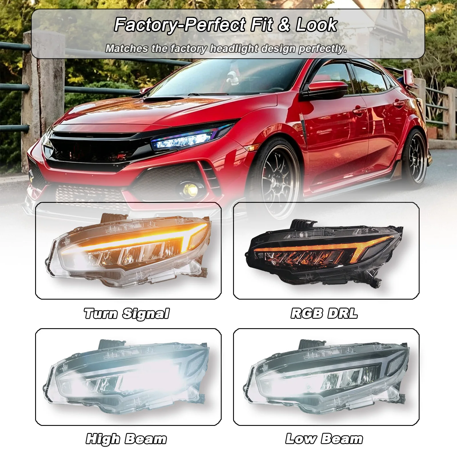 2016-2021 10th Gen For Honda Civic LED RGB Sequential Headlights Assembly Lamps