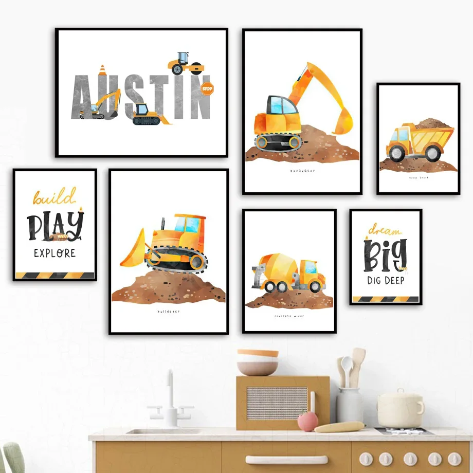 Custom Baby Name Construction Truck Excavator Nursery Wall Art Print Canvas Painting Nordic Poster Wall Pictures Boy Room Decor