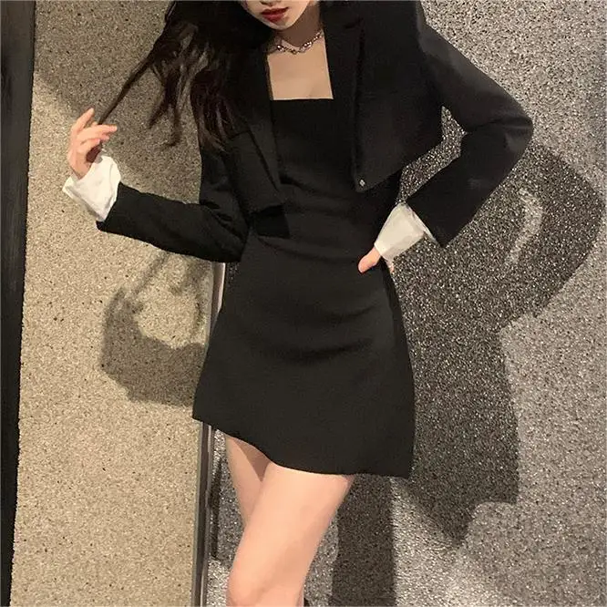 Office Lady Dress Suits 2024 Long Sleeve Blazers Slim Sleeveless Slip Mini Dresses Sets Autumn Elegant Women Black 2 Piece Set