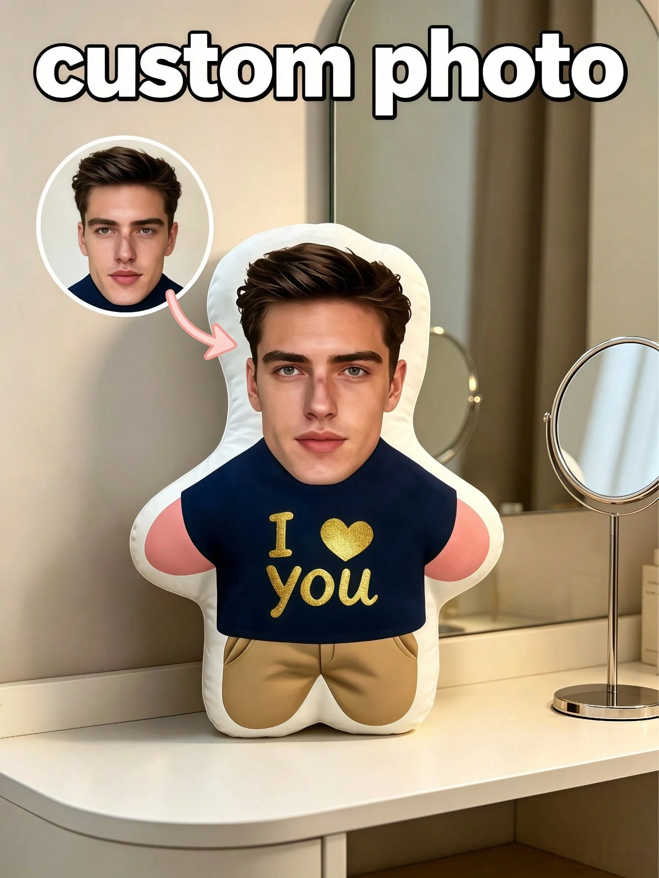 Custom Photo Face Doll Pillow I Love You Print Personalized Human Shaped Cushion Valentine Anniversary Gift for Girlfriend Boyfriend