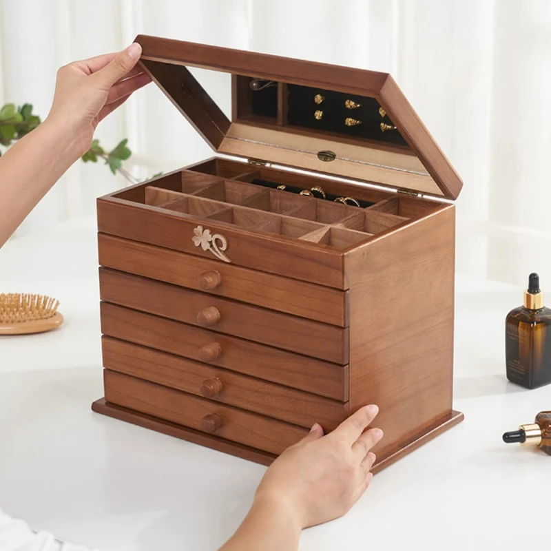 متعدد الطبقات صندوق تخزين المجوهرات الرجعية حلية صندوق تخزين قلادة خشبية أقراط المنظم الحاويات المرأة حلقة سوار #4
