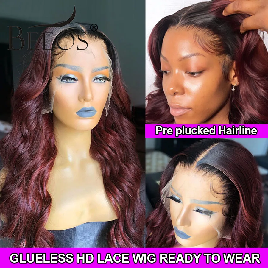 Ombre Burgundy 99J 13X6 HD Lace Frontal Human Hair Wigs Body Wave Pre plucked Glueless Wig Human Hair Ready To Wear For Women