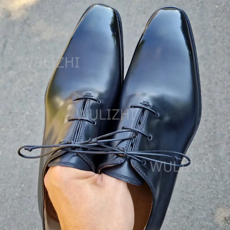 Dark Green Gradient Toe Black Lace-Up Oxford Shoes Men's Derby Flat Bottom Gentleman Casual Shallow New Wedding Shoes Sporty