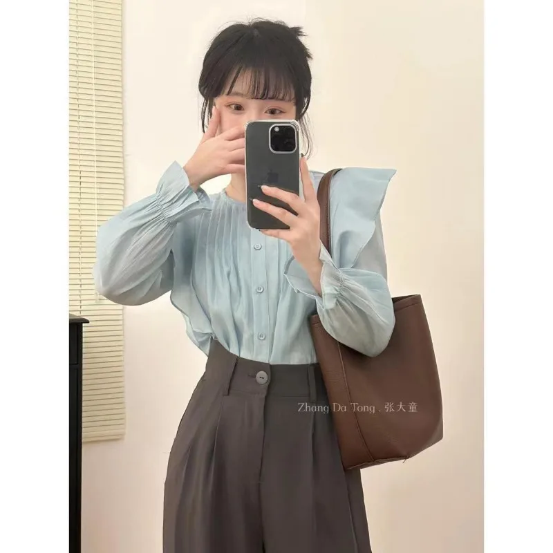 Chemise à manches princesse à volants pour femmes, haut de gamme, léger, luxueux, doux, Style coréen, printemps automne