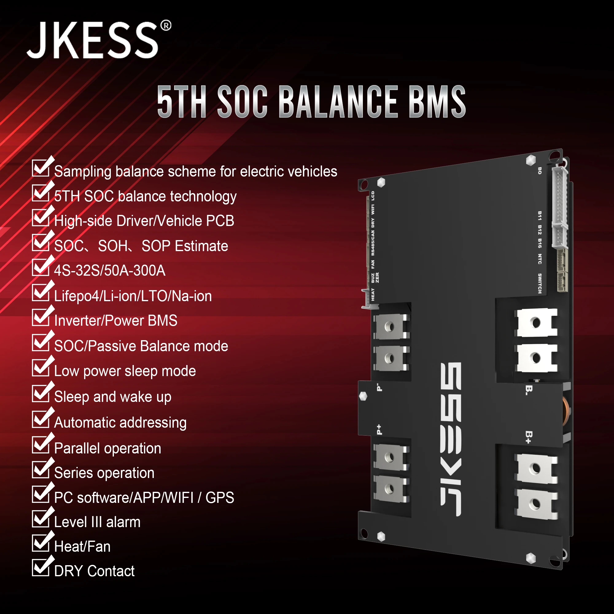 JKESS 5TH SOC Balance Bms 4S 8S 16S 24S 32S 50A 100A 150A 200A 300A Lifepo4 Li-ion Lto Battery Power Inverter Parallel Series