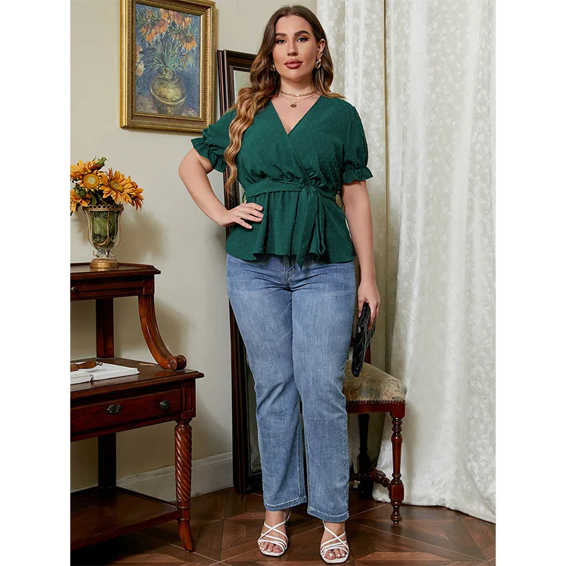 Plus Size Women\'s Short Sleeve Dark Green Shirt Blouse Solid V Neck Office Lady Loose Shirt Oversized Clothing Summer