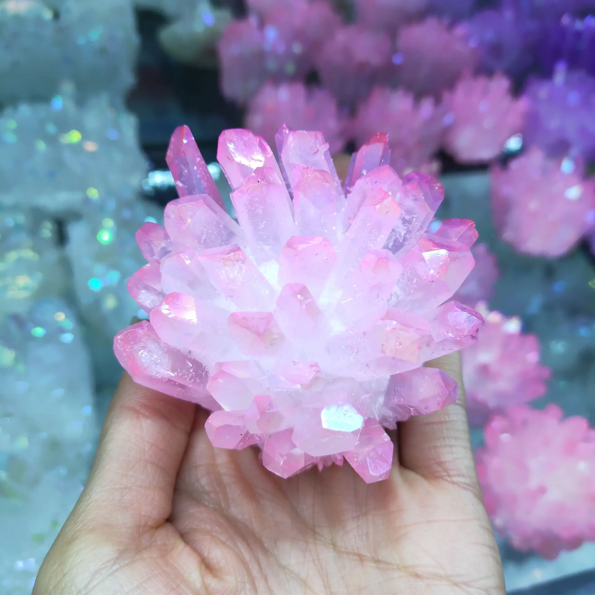 1pcs 300-400g Beautiful electroplate red aura quartz crystal cluster with rainbow light natural stone and mineral for home