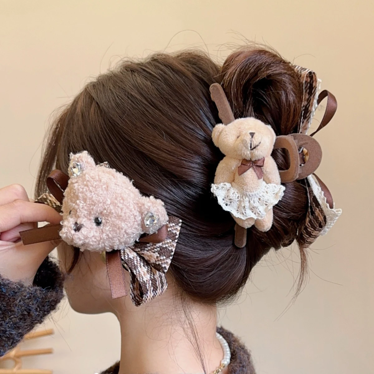 Cartoon Fabric Teddy Bear Clip Hair Clip New Brown Checkered Bow Headband Shark Clip Half Tied Hair Clip Hair Accessory