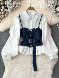 Spring Autumn Women's Vest Two piece Set Long sleeved Waist Lotus Leaf Shirt Two piece Set Denim Vest Tank Top Women's Top ML572