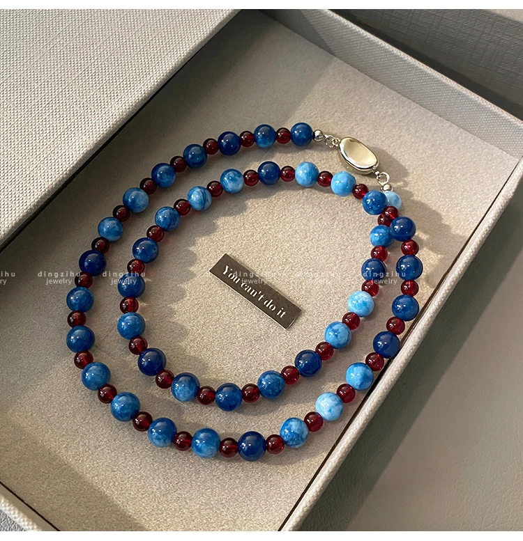 Leichter Luxus Naturstein-Perlenkette Blauer Achatstein Kurze Halskette 2025 Trendiger Schmuck für Frauen Schlüsselbeinkette Accessoires – Detail 8