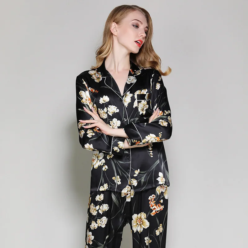 100% Silk Pajamas Set Long Sleeve Sleepwear Women Nightwear Pj Sets Print Shirt with Trousers Loungewear Female Pyjamas Suit