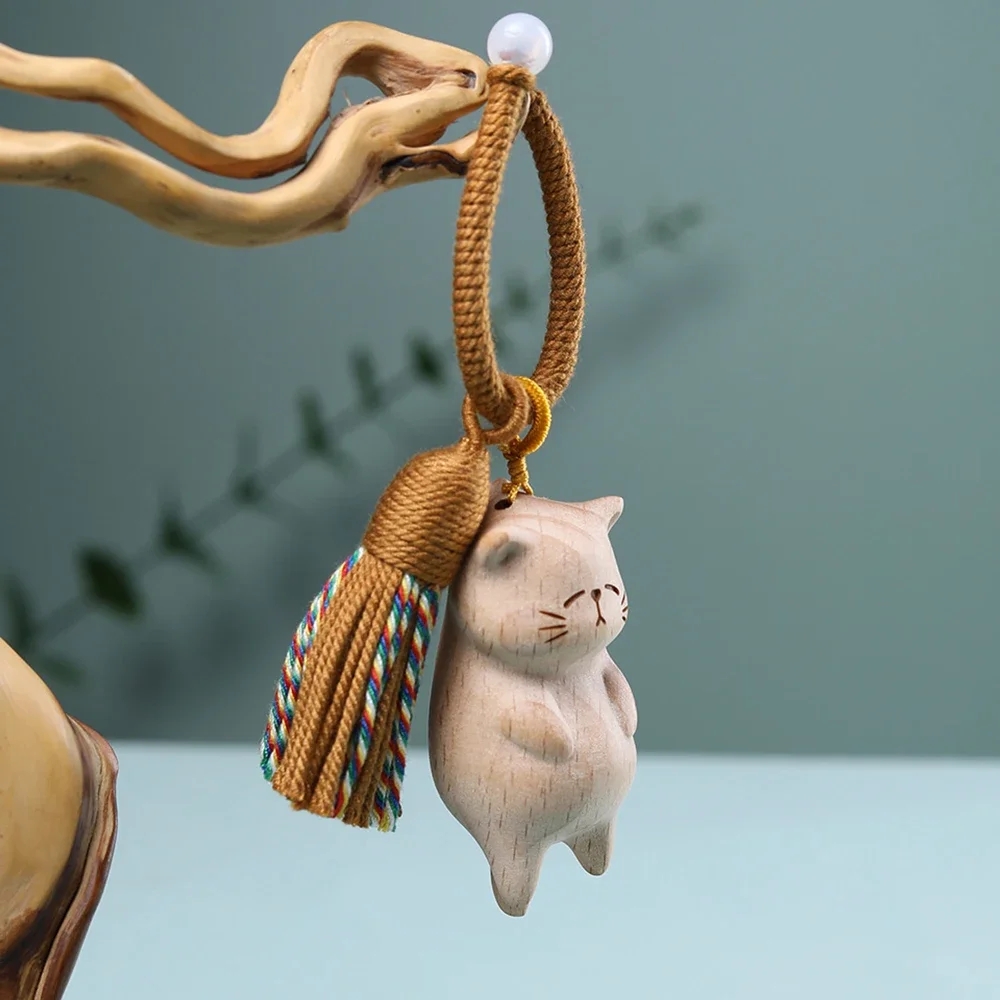 Retro Holz Katze Schlüsselanhänger handgeschnitzt süße Kitty Tasche Anhänger Charme Quaste Geschenk für Frauen Mädchen Paar Modeschmuck Zubehör