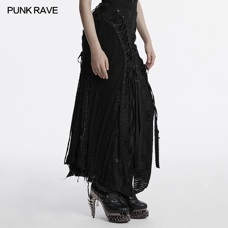 PUNK RAVE Falda de lana gótica decadente para mujer, ojal de encaje Diagonal, hilos crudos, faldas largas con sentido de Rebelión negro