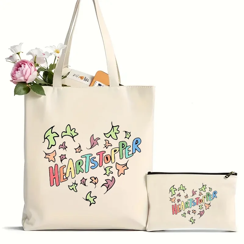 2Pcs Heartstopper Leaves Pattern Tote Bag, Portable Canvas Shoulder Bag For Daily Commuting, Reusable Grocery Shopping Bag