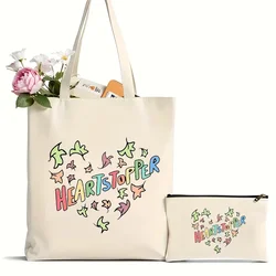 2Pcs Heartstopper Leaves Pattern Tote Bag, Portable Canvas Shoulder Bag For Daily Commuting, Reusable Grocery Shopping Bag