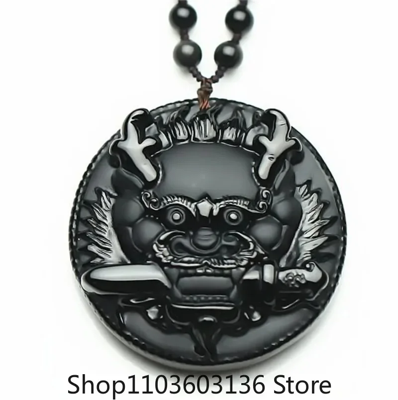 

100% Natural Black Obsidian Carved Chinese Dragon Head Round Lucky Amulet Pendant + Beads Charm Necklace Fashion Jewelry