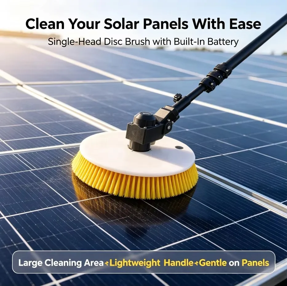 Battery Solar Panel Cleaning Brush Single Disc Rotary Handheld Telescopic Pole Wet Dry Photovoltaic Panel Roller Brush