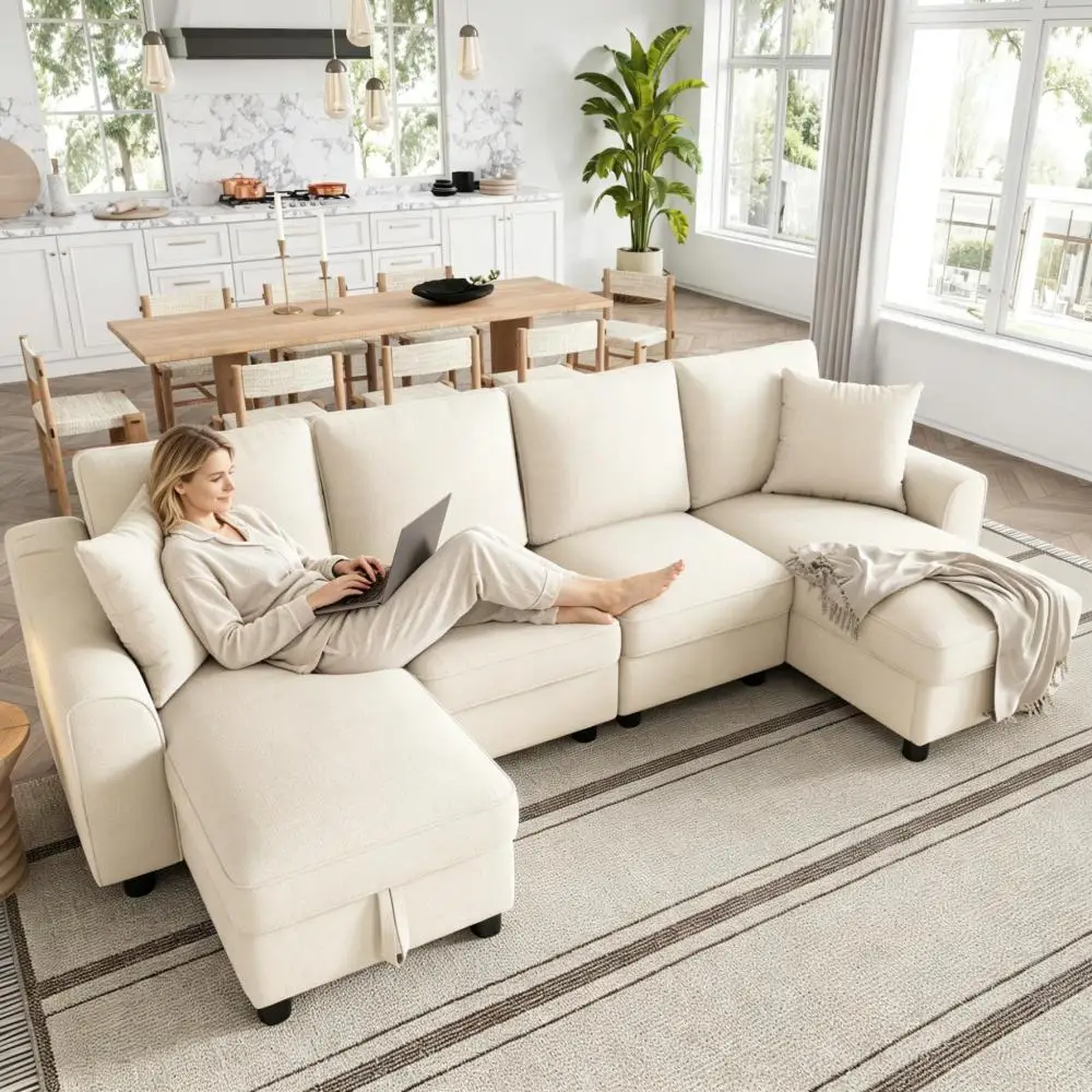 Canapé modulaire en chenille moderne en forme de U 280×137×84cm, convertible en canapé en L avec chaise longue à rangement rabattable, 2 coussins moelleux, canapé d'angle multifonctionnel, canapé de détente confortable pour salon, appartement, bureau à domicile, décoration intérieure