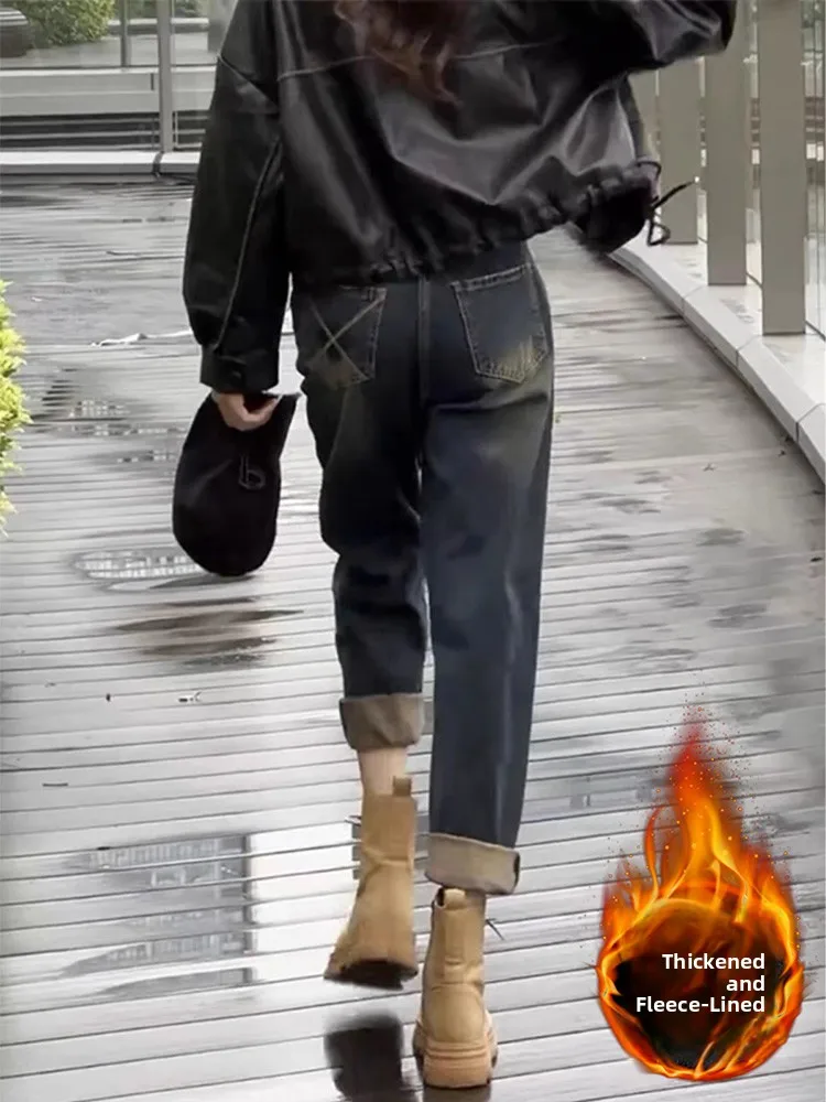 

Джинсы больших размеров с высокой талией на подкладке, женские эластичные прямые брюки для папы, осенние модные утягивающие девятью части Harlan