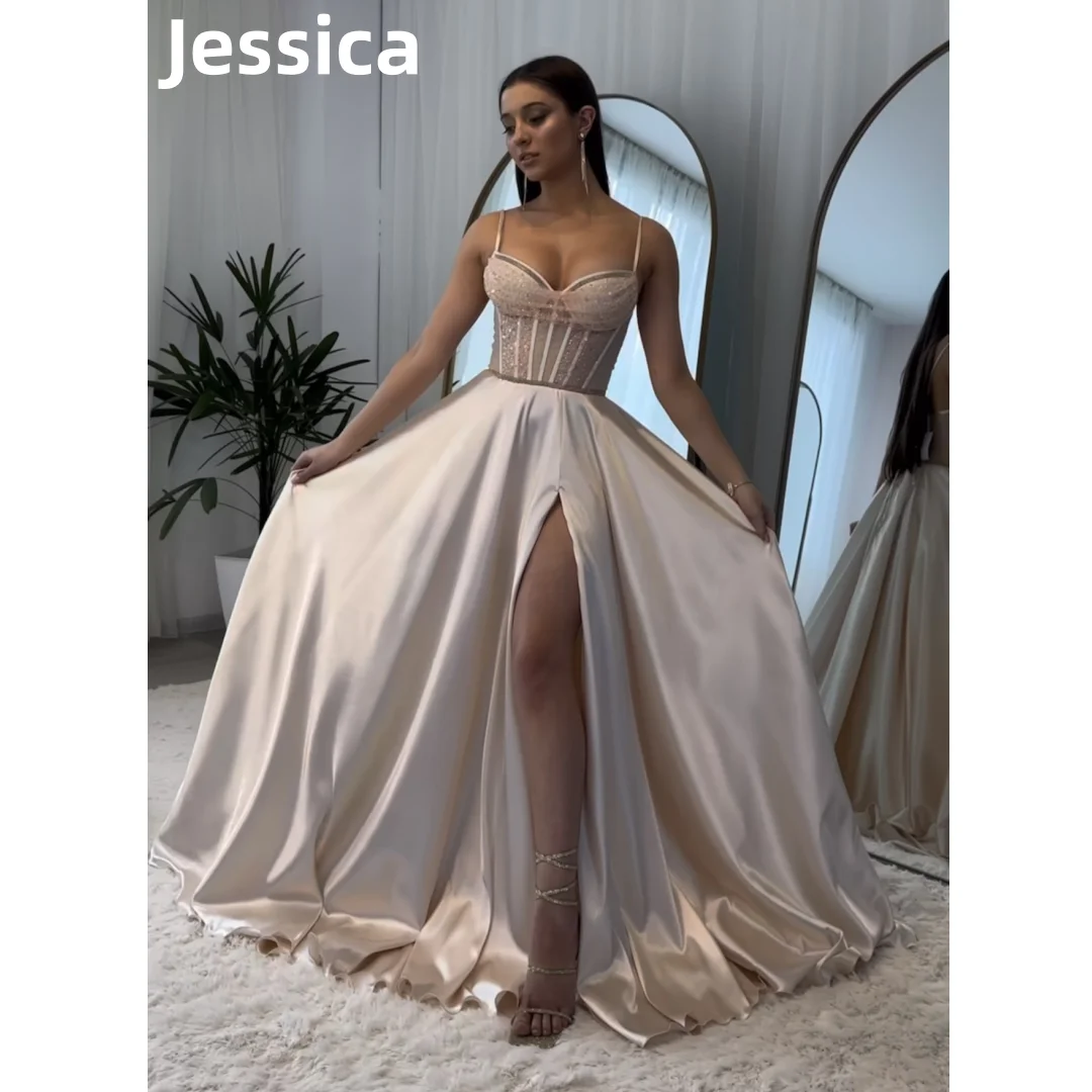 Jessica Silk Satin Prom Dresses Corset Sequins Evening Dress Sexy Spaghetti Straps With Side Slits Formal Occasions Party Dress