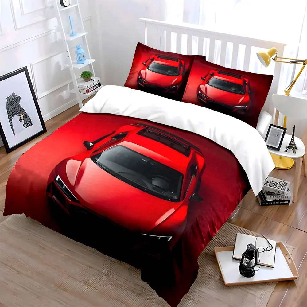 Red sports car top view Duvet Cover Set with 3D Printing Design Soft Polyester Bedding Set All-Season Comfort Machine Washable