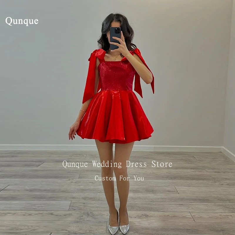 

Qunque Red Shiny Satin Prom Dresses Bow Straps Glitter Short Party Dresses Women Lace Up Back Vestidos Para Mujer Customized
