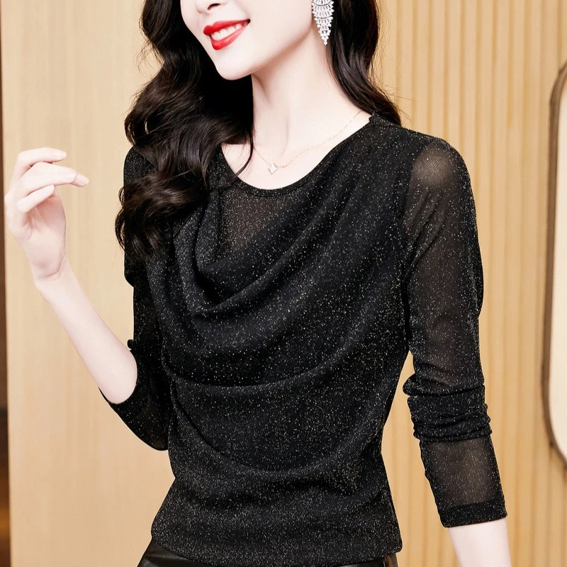 Nuevo Top de salón de baile latino para mujer, Top de manga larga con cuello redondo, blusa elegante de otoño, camisa de Samba con capa Base elegante a la moda