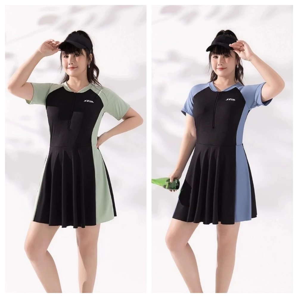 

Beachwear Short Sleeve Swimsuit Sun Protection Loose Bikini Women Bathing Suit Blue Green Beachwear Clothings Swimwear Skirt