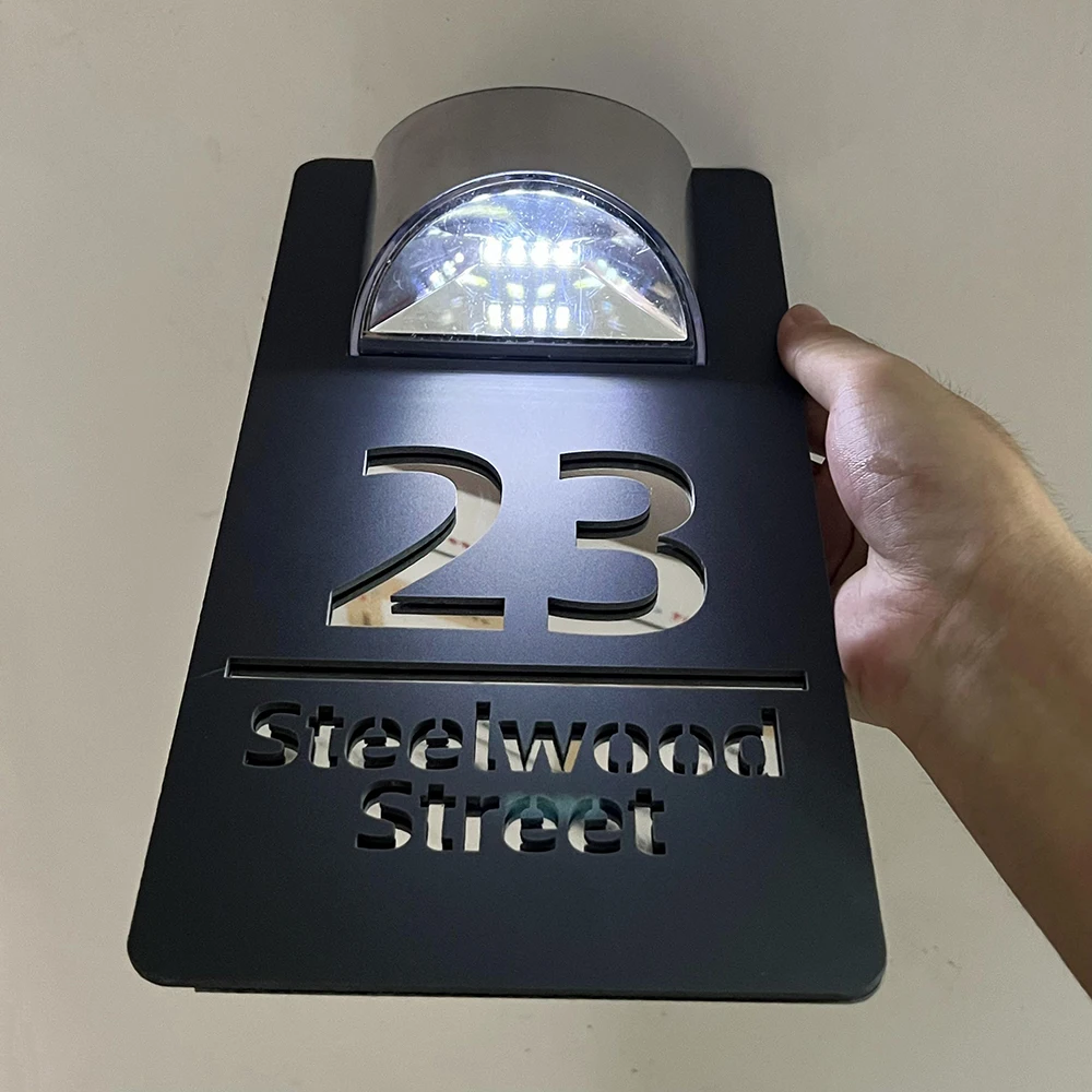 Personalized Exterior lights House Number Sign LED Solar House Sign Custom 3D Laser Cutting Street Family Name Door Sign image 2
