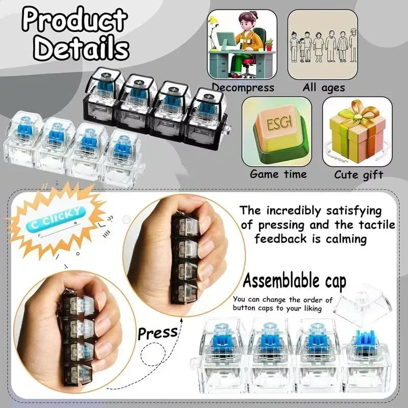 2026 Keyboard Clicker with LED Light Keychain 4-Key Transparent Keyboard Toy Anxiety Relieving Clicker