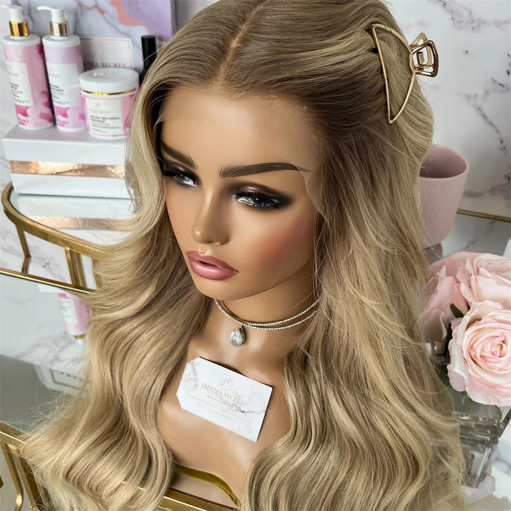 Heat Resistant Balayage Blonde Wig with Highlights Luxury Wavy Hair Lace Front Wig Synthetic Ash Roots Cosplay Wig for Women