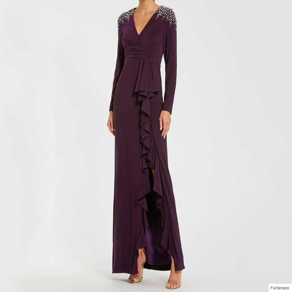 

Customized A-line Evening Dresses Ankle-length V-neck Full Sleeve Prom Gown Fashion Crystal Pleat Simple Draped Party Gown