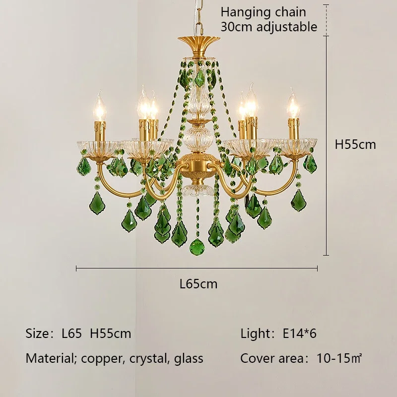 Franse retro kristallen kroonluchters, geschikt voor de woonkamer, eetkamer, slaapkamer en studeerkamer, luxe hanglampen met kaarsen, groene kristallen hanglamp.