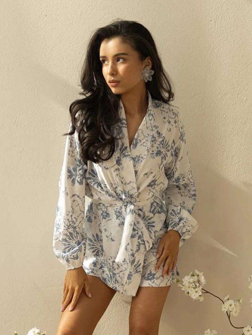 Marthaqiqi Printing Women'S Sleepwear Set Long Sleeve Robe V-Neck Pajamas Lace Up Nightwear Shorts Casual Ladies Nightgowns Suit
