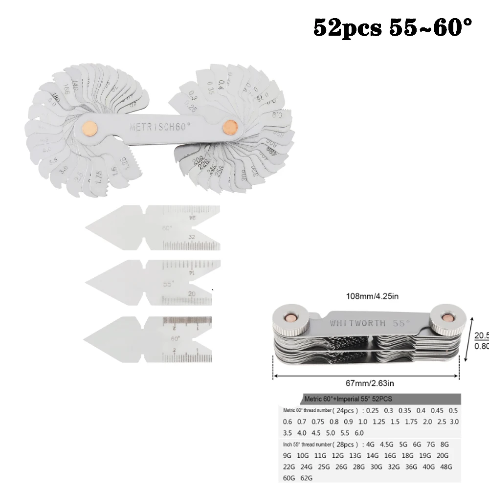 20/24/28/51/58Pcs Thread Gauges Measure Tool Set Stainless Steel Screw Pitch Gauges 55/ 60° Metric System Centre Gage Measuring